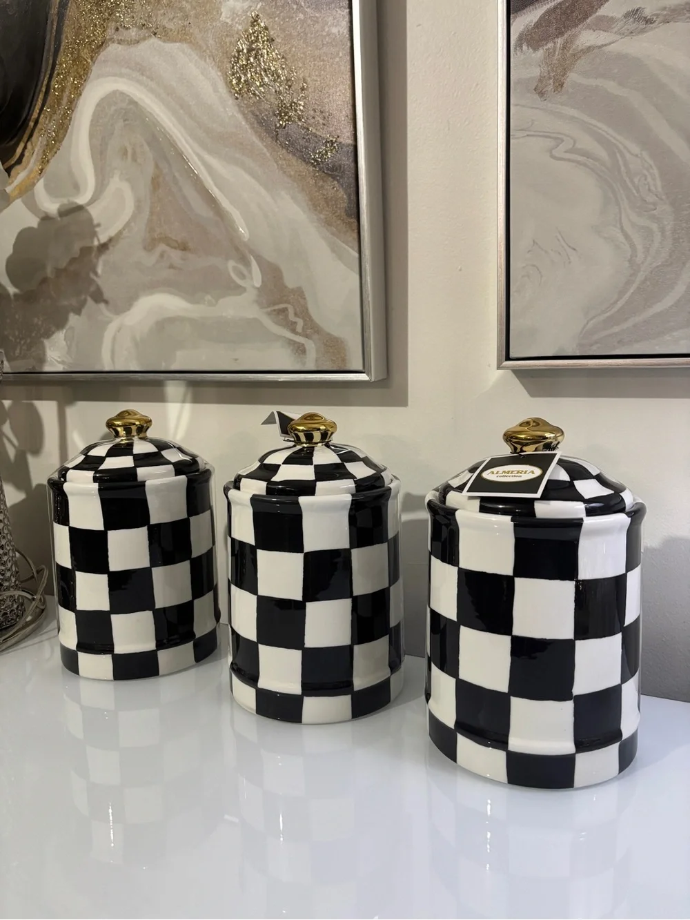 Checkerboard Ceramic Storage Canister with Gold Knob - Black & White